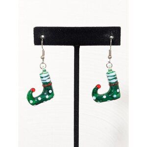 Artisan Christmas Elf Glass Earrings Green White Polka Dot Dangle